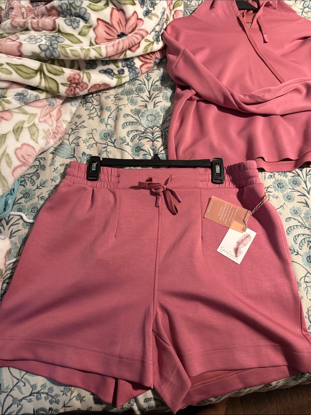 Jessica Simpson Dusty Rose Two-Piece Track Set - Crop Hoodie & Shorts - Picture 2 of 5